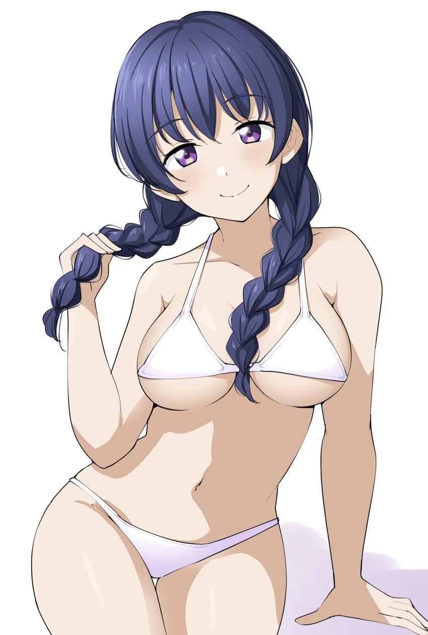 1girl barkhorn0331 bikini blue_hair braid breasts cinderella_series closed_mouth cowboy_shot hachigatsu_no_cinderella_nine hand_on_floor highres holding holding_own_hair kondou_saki long_hair looking_at_viewer low_twin_braids navel purple_eyes simple_background sitting smile solo string_bikini swimsuit twin_braids white_background white_bikini