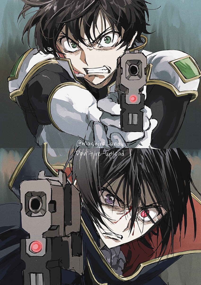 2boys absurdres black_cape black_hair blood blood_on_face cape clenched_teeth code_geass geass green_eyes gun hair_between_eyes heterochromia high_collar highres holding holding_gun holding_weapon kururugi_suzaku lelouch_vi_britannia male_focus mashiro_andy multiple_boys purple_eyes red_eyes shaded_face teeth twitter_username upper_body weapon