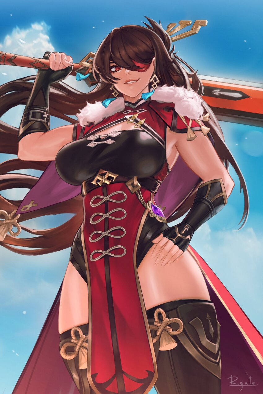 1girl absurdres armpits artist_name beidou_(genshin_impact) blackcliff_slasher_(genshin_impact) blue_sky breasts brown_hair cape chinese_clothes cleavage_cutout clothing_cutout cloud cloudy_sky colored_eyepatch ear_piercing earrings elbow_gloves electro_symbol_(genshin_impact) eyepatch fingerless_gloves fur-trimmed_cape fur_trim gatery genshin_impact gloves half_updo hand_on_own_hip highres holding holding_sword holding_weapon jewelry large_breasts long_hair looking_at_viewer pelvic_curtain piercing red_eyes signature sky sleeveless sleeveless_turtleneck_leotard smile solo standing sword teeth thighhighs turtleneck very_long_hair vision_(genshin_impact) weapon