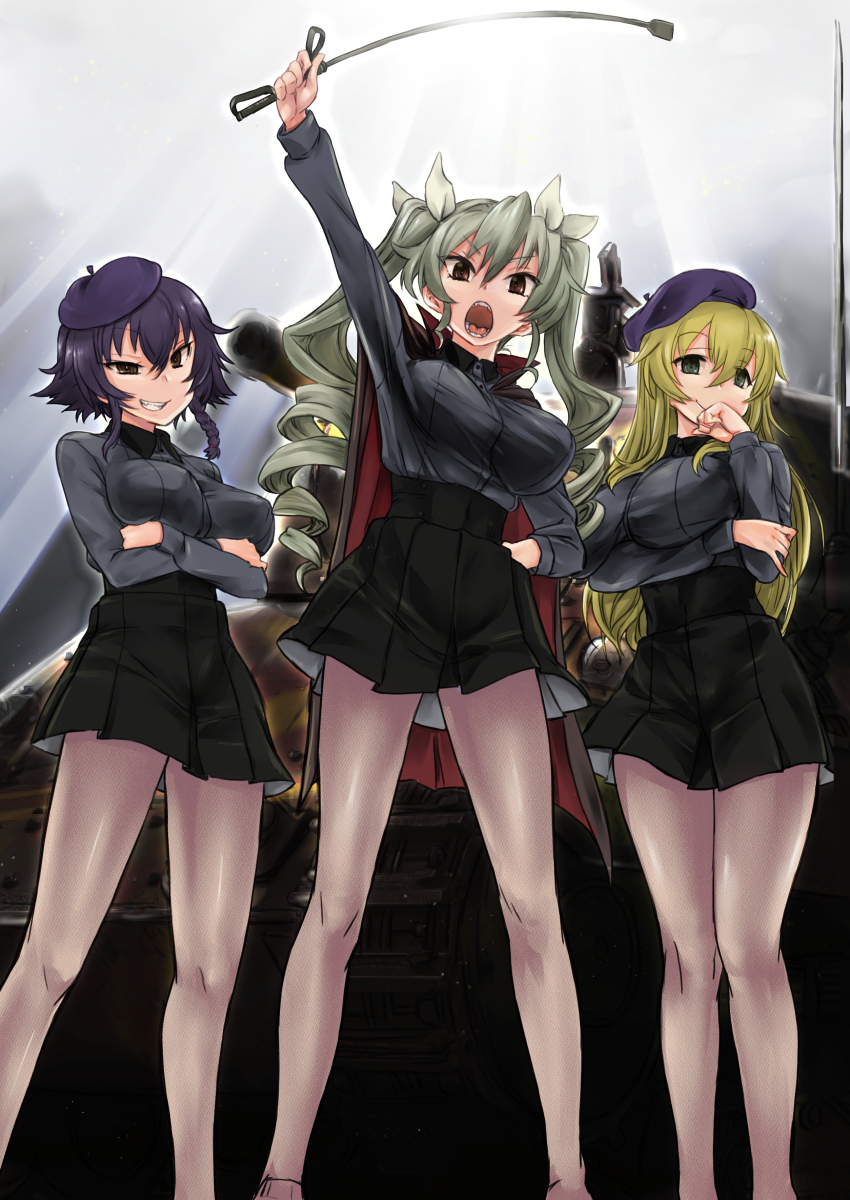 3girls absurdres anchovy_(girls_und_panzer) arm_up beret black_cape black_hair black_hat black_ribbon blonde_hair braid brown_eyes cape carpaccio_(girls_und_panzer) commentary_request commission crossed_arms drill_hair frown girls_und_panzer green_eyes green_hair grin half-closed_eyes hand_on_own_hip hat highres holding holding_riding_crop kuromorimine_military_uniform long_hair looking_at_viewer multiple_girls nabeyu open_mouth pantyhose partial_commentary pepperoni_(girls_und_panzer) pixiv_commission red_cape ribbon riding_crop short_hair side_braid smile smirk twin_drills twintails two-sided_cape two-sided_fabric white_pantyhose white_ribbon