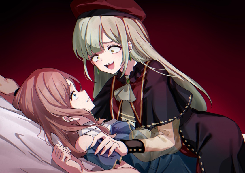 2girls ascot bang_dream! bang_dream!_it&#039;s_mygo!!!!! beret black_capelet black_skirt brown_hair capelet clothing_cutout commentary constricted_pupils dress earrings eye_contact frills girl_on_top gradient_background green_brooch green_eyes green_hair grey_eyes hair_between_eyes hand_on_another&#039;s_arm hat highres jewelry killkiss_(bang_dream!) long_hair long_sleeves looking_at_another meu203 mortis_(bang_dream!) multiple_girls nagasaki_soyo on_bed open_mouth radial_gradient_background red_background scared see-through_clothes see-through_sleeves shoulder_cutout skirt wakaba_mutsumi white_ascot white_dress yuri