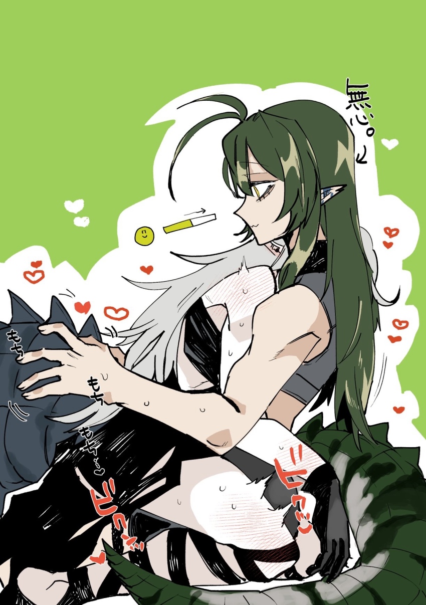 2girls antenna_hair arknights arrow_(symbol) ban_syou bare_arms biceps black_gloves closed_mouth commentary_request crocodile_girl crocodilian_tail from_side gavial_(arknights) gloves green_background green_tail grey_hair grey_tail heart highres large_tail long_hair loving_aura multiple_girls pointy_ears profile simple_background sound_effects straddling sweat sweatdrop tail tomimi_(arknights) toned_female translation_request twitching upright_straddle yellow_eyes yuri