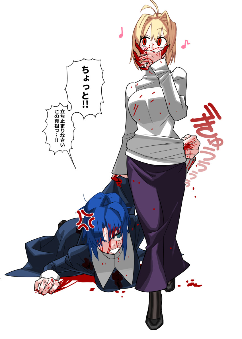 after_battle ahoge anger_vein angry arcueid_brunestud blonde_hair blood blood_on_clothes blood_on_face blood_on_hands blue_eyes blue_hair breasts carrying carrying_person ciel_(tsukihime) covering_own_mouth grabbing_from_behind highres large_breasts musical_note nun pulling_another&#039;s_clothes purple_skirt red_eyes short_hair skirt sub_fan_art sweatdrop sweater translation_request tsukihime turtleneck turtleneck_sweater