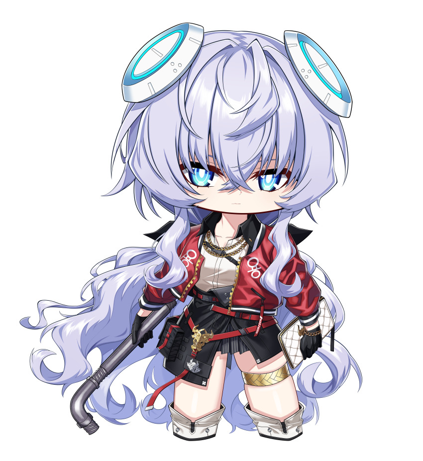 1girl absurdres bag belt black_gloves blue_eyes boots bright_pupils buckle chain chain_necklace chibi chibi_only collared_shirt commentary_request counter:side crossed_bangs full_body gloves gold_chain grey_hair hair_between_eyes hair_intakes handbag headgear highres holding holding_bag holding_lead_pipe horizon_(counter:side) jacket jewelry korean_commentary lead_pipe long_hair long_sleeves looking_at_viewer low_ponytail miniskirt necklace open_clothes open_jacket pleated_skirt red_belt red_jacket shirt simple_background skirt snap-fit_buckle solo standing thigh_strap transparent_background very_long_hair wavy_hair wbs white_pupils white_shirt