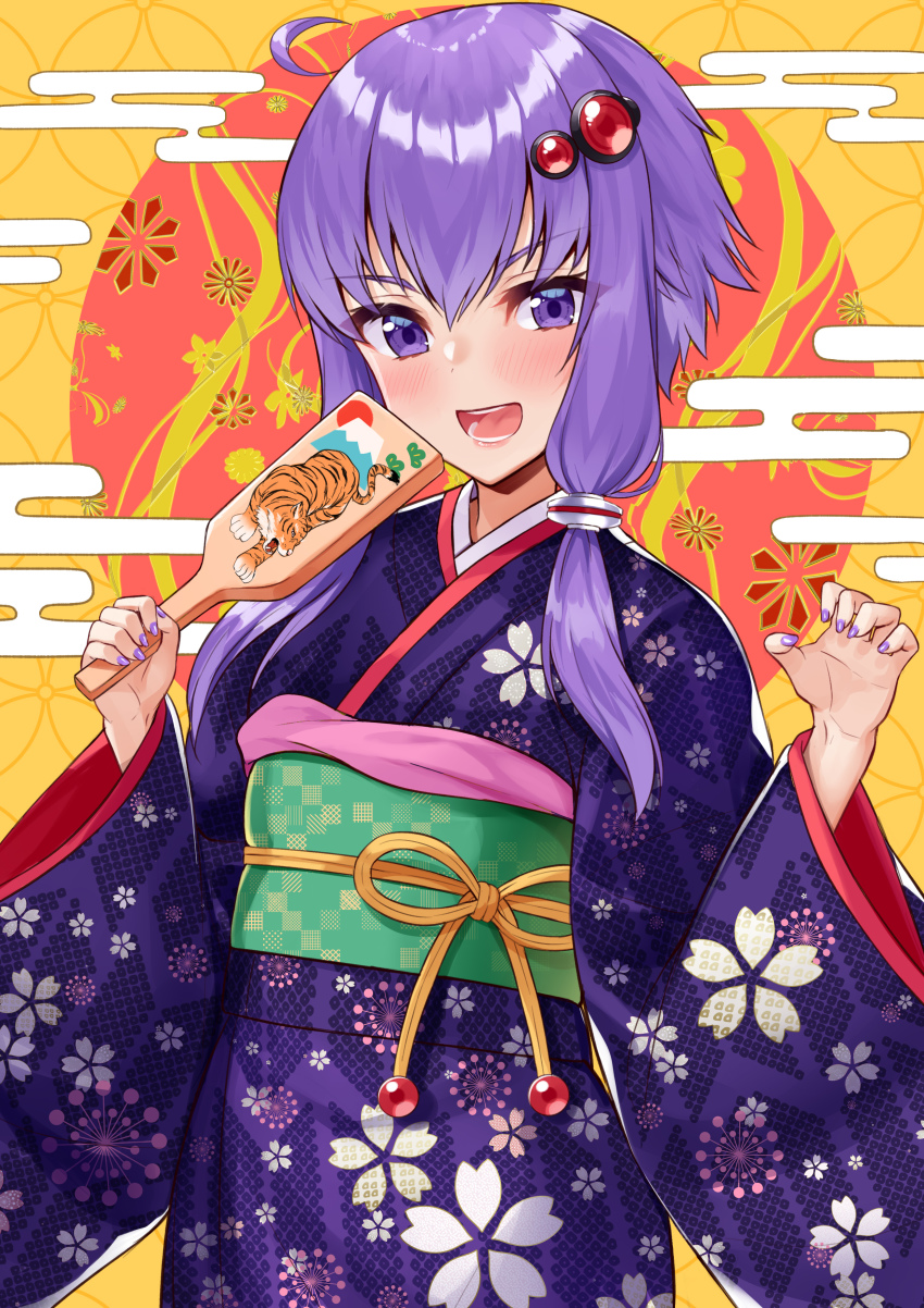 1girl absurdres blush floral_print hagoita hair_between_eyes hair_ornament highres holding japanese_clothes kimono long_sleeves obi open_mouth paddle print_kimono purple_eyes purple_hair purple_kimono sash seigaiha short_hair_with_long_locks smile solo tenneko_yuuri tiger upper_body vocaloid voiceroid wide_sleeves yuzuki_yukari