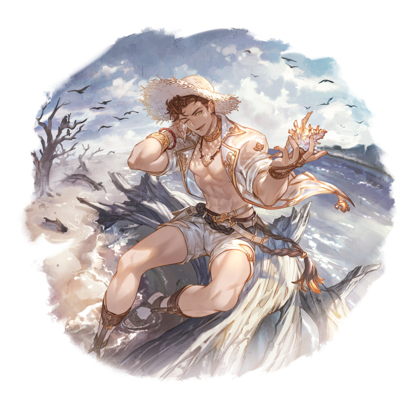 1boy abs bare_pectorals bird bracelet brown_hair choker cloud cloudy_sky conch ear_piercing foot_out_of_frame gladiator_sandals granblue_fantasy hat jacket jewelry lobelia_(danger_beckons_by_the_shore)_(granblue_fantasy) lobelia_(granblue_fantasy) looking_at_viewer navel necklace official_art one_eye_closed open_clothes open_jacket pectorals piercing sandals seashell shell shorts sitting sky sleeves_rolled_up smile solo straw_hat transparent_background tree water white_shorts