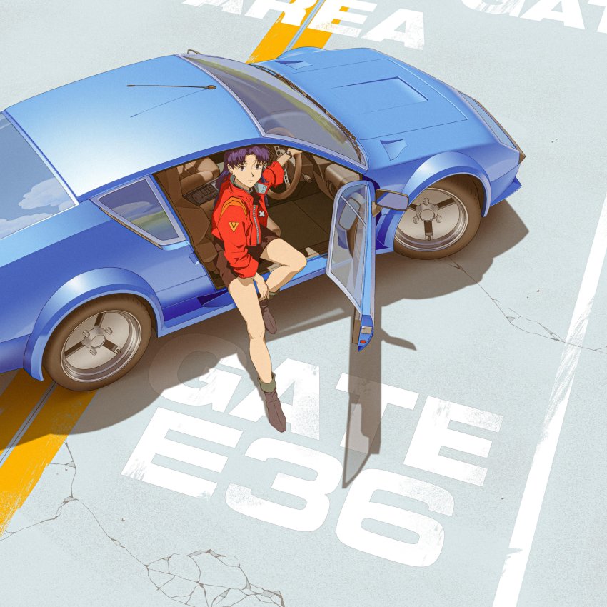 1girl absurdres brown_footwear bysau car cloud cloudy_sky cross earrings english_text highres jacket jewelry katsuragi_misato looking_at_viewer motor_vehicle neon_genesis_evangelion purple_hair red_jacket reflection renault_alpine_a310 shadow sitting sky smile solo steering_wheel vehicle_focus