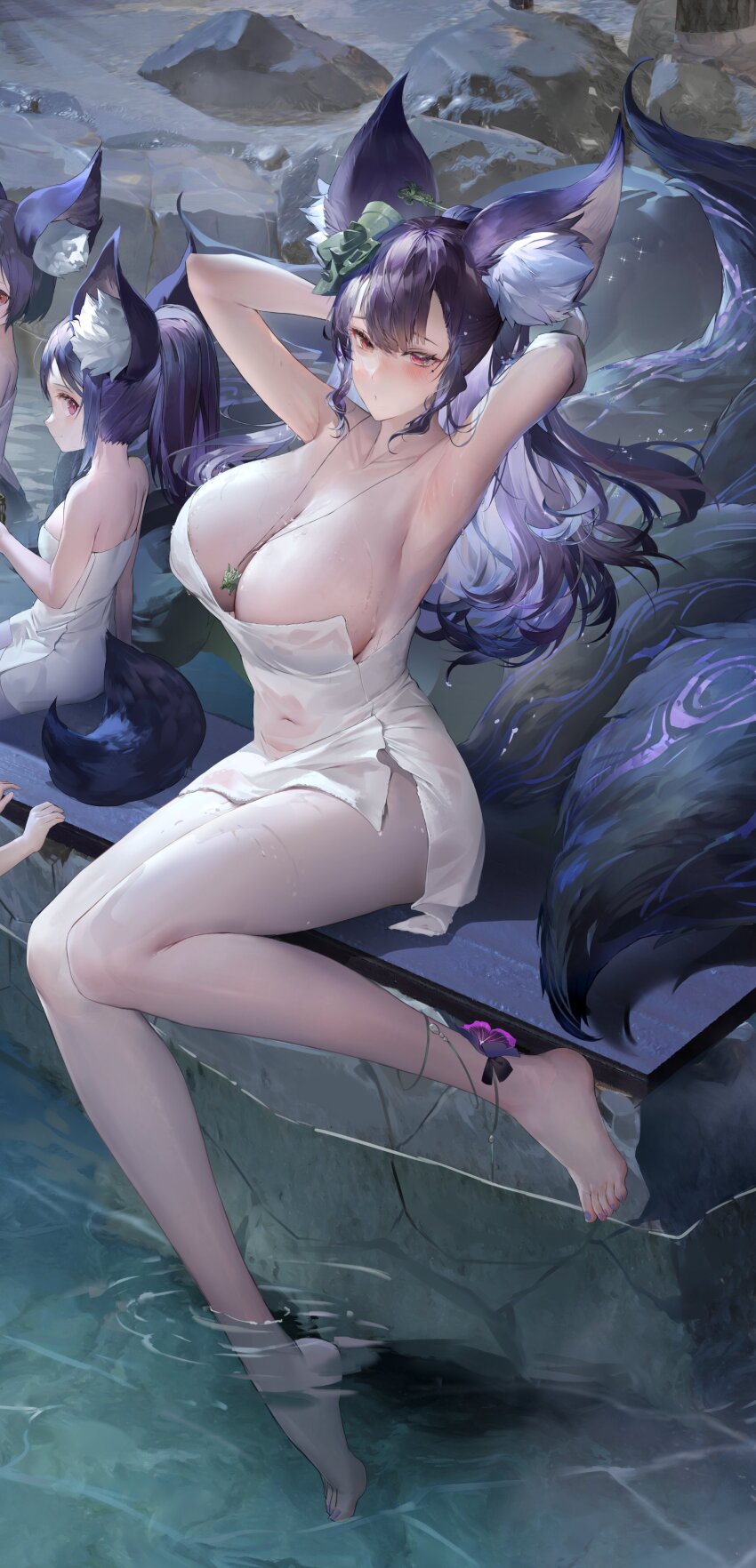 4girls absurdres animal_ear_fluff animal_ears anklet armpits arms_up blush breasts character_request cleavage colored_inner_hair covered_navel covering_privates flower fox_tail from_above hair_ornament hair_stick highres jewelry large_breasts long_hair looking_at_viewer mole mole_under_eye multicolored_hair multiple_girls naked_towel necklace necklace_between_breasts nude_cover onsen original out_of_frame partially_submerged ponytail purple_flower purple_hair red_eyes rock short_hair tail towel water wrist_(wrist0000)