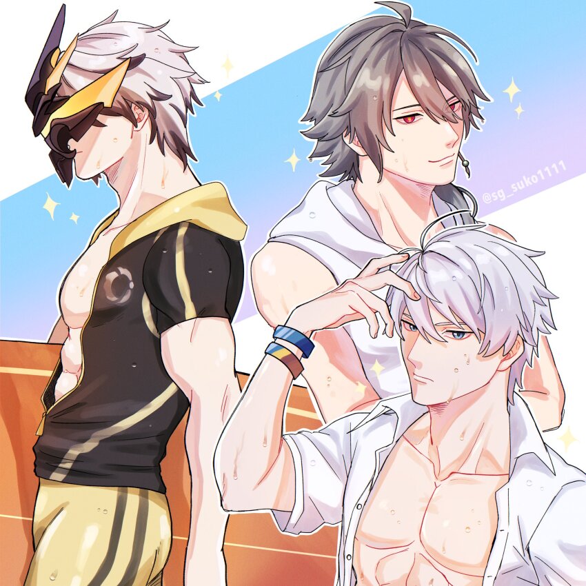 abs ahoge blue_eyes bracelet cho_(sg_suko1111) closed_mouth commentary commentary_request diving_suit grey_hair highres honkai_(series) honkai_impact_3rd jewelry kalpas_(honkai_impact) kevin_kaslana male_focus mask mask_on_head open_clothes open_shirt red_eyes shirt short_hair su_(honkai_impact) toned toned_male twitter_username two-tone_background white_hair white_shirt