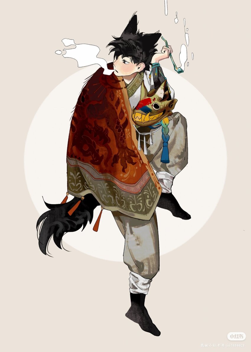 1boy animal_ears baggy_pants black_eyes black_hair brown_background full_body hanfu highres holding holding_smoking_pipe kiseru long_sleeves looking_to_the_side luli_(crocowolf333) male_focus original pants short_hair simple_background smoking smoking_pipe solo tail white_hanfu wolf_boy wolf_ears wolf_tail