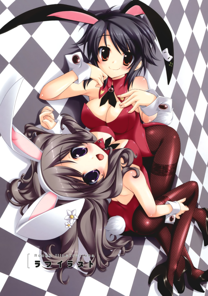 2girls absurdres animal_ears breasts checkered_background cleavage fake_animal_ears fishnet_pantyhose fishnets high_heels highres koiiro_soramoyou leotard lucie mole mole_under_eye mounai_kiyomi multiple_girls pantyhose playboy_bunny rabbit_ears rabbit_tail shoes tail utsumi_shizuna wrist_cuffs