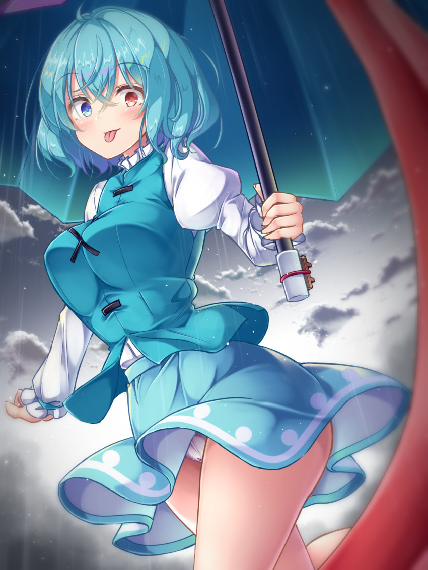 aka_tawashi blue_eyes blue_hair blue_skirt blue_vest breasts geta heterochromia highres holding holding_umbrella juliet_sleeves large_breasts long_sleeves panties pantyshot puffy_sleeves red_eyes shirt short_hair skirt solo tatara_kogasa tongue touhou umbrella underwear urameshiya vest white_shirt