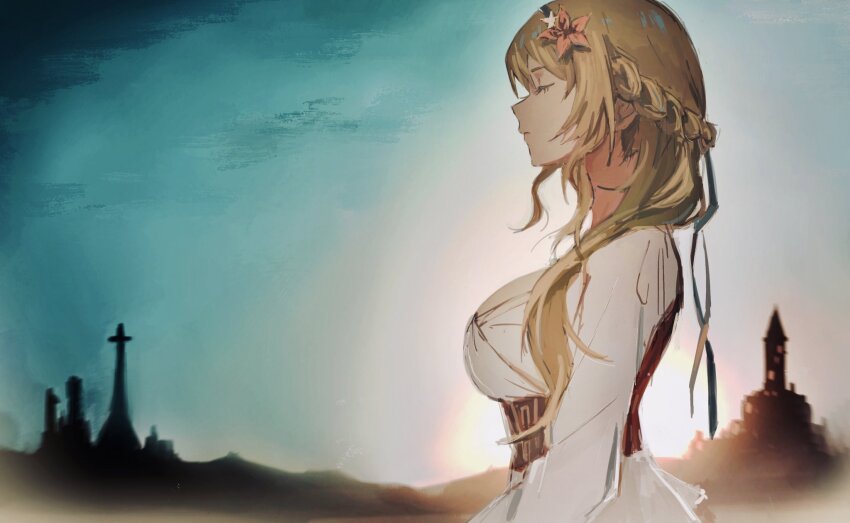 1girl blonde_hair braid breasts building closed_eyes closed_mouth crown_braid dress flower from_side grave hair_flower hair_ornament hair_over_shoulder highres large_breasts long_hair original sky solo taki_(a313131333) white_dress