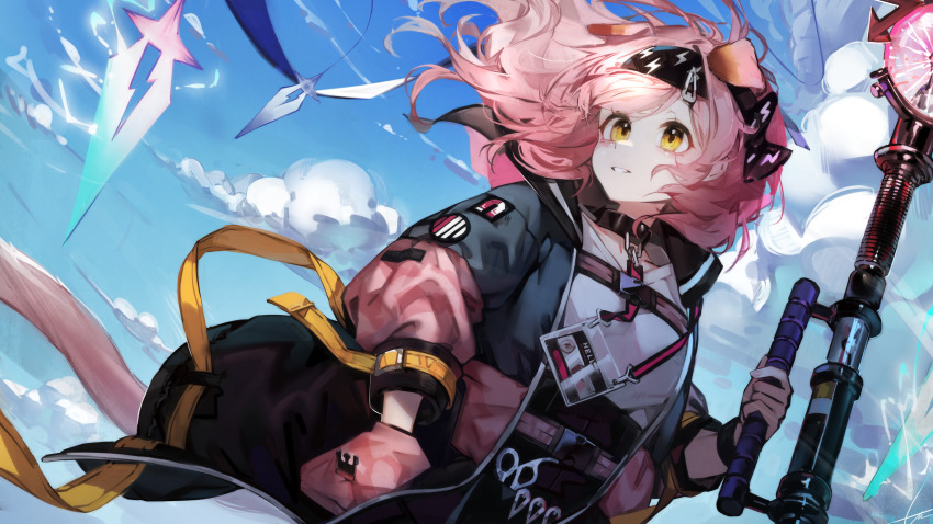 1girl absurdres alternate_hairstyle animal_ears arknights black_skirt blue_jacket blue_sky cat_ears cat_girl cat_tail cloud cloudy_sky cowboy_shot dutch_angle electricity floating_hair floppy_ears goldenglow_(arknights) hair_down hand_in_pocket highres holding holding_staff id_card jacket long_hair looking_to_the_side multicolored_clothes multicolored_jacket outdoors parted_lips pink_jacket ribiadan scissors shirt skirt sky smile solo staff tail two-tone_jacket white_shirt yellow_eyes