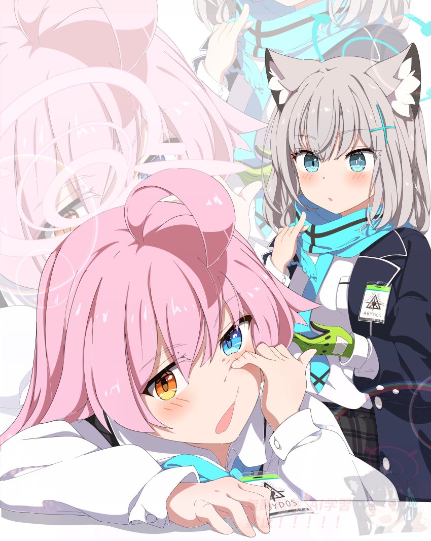 2girls :o absurdres ahoge animal_ear_fluff animal_ears black_jacket blue_archive blue_eyes blue_halo blue_necktie blue_scarf blush bright_pupils commentary cross_hair_ornament eyes_visible_through_hair finger_to_own_nose gloves green_gloves grey_hair hair_between_eyes hair_ornament halo hand_up heterochromia highres hoshino_(blue_archive) huge_ahoge id_card jacket kame_(nokonoko10271) lens_flare long_hair looking_at_another looking_at_viewer medium_hair mismatched_pupils multiple_girls necktie open_clothes open_jacket open_mouth orange_eyes pink_hair pink_halo pinky_out scarf shiroko_(blue_archive) shirt simple_background single_glove upper_body watermark white_background white_pupils white_shirt wolf_ears wolf_girl zoom_layer