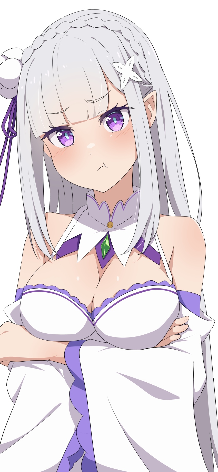 1girl :t absurdres braid breasts camui1104 cleavage commentary_request crossed_arms crown_braid dress emilia_(re:zero) flower grey_hair hair_flower hair_ornament hair_ribbon highres long_hair looking_at_viewer medium_breasts pointy_ears pout purple_eyes purple_ribbon re:zero_kara_hajimeru_isekai_seikatsu revision ribbon simple_background solo white_background white_dress white_flower