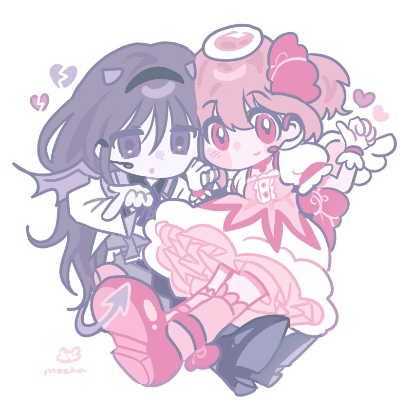 2girls akemi_homura akemi_homura_(magical_girl) angel angel_wings back_bow black_hair blush_stickers bow demon demon_horns demon_tail demon_wings dress full_body gloves hair_bow hairband halo headset heart highres holding_hands horns index_finger_raised jitome kaname_madoka kaname_madoka_(magical_girl) kerimka31328031 long_hair mahou_shoujo_madoka_magica mahou_shoujo_madoka_magica_(anime) multiple_girls pink_eyes purple_eyes short_sleeves smile tail twintails wings