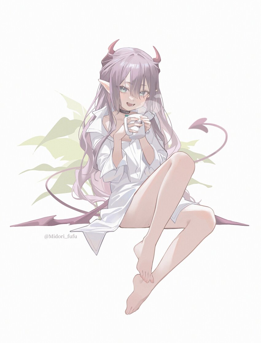 1girl :d absurdres barefoot black_choker blue_eyes choker coffee_mug collared_shirt cup demon_girl demon_horns demon_tail demon_wings highres holding holding_cup horns long_hair midori_xu mole mole_under_eye mug open_mouth original pointy_ears purple_hair shirt simple_background smile solo tail twitter_username white_background white_shirt wings