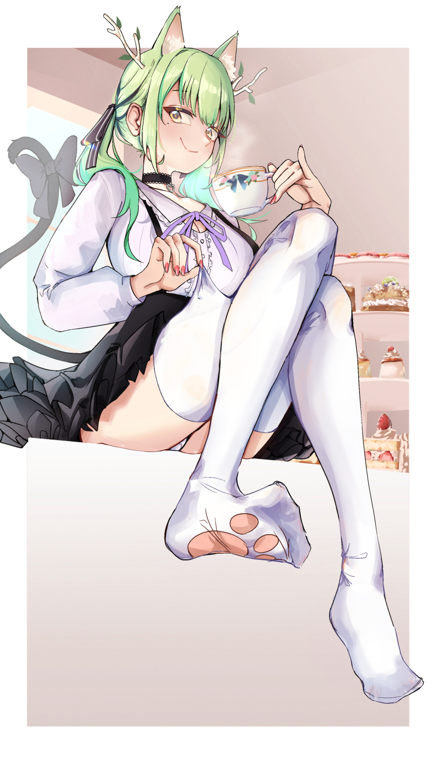 1girl absurdres animal_ears blouse breasts cake cat_ears cat_girl cat_tail ceres_fauna ceres_fauna_(jirai_kei) choker cleavage cup food full_body green_hair hair_ribbon highres holding holding_cup hololive hololive_english large_breasts long_hair mole mole_under_eye nail_polish official_alternate_costume pink_nails punpond ribbon shirt sitting skirt smile solo suspender_skirt suspenders tail teacup thighhighs torn_clothes torn_thighhighs twintails virtual_youtuber white_thighhighs yellow_eyes zettai_ryouiki