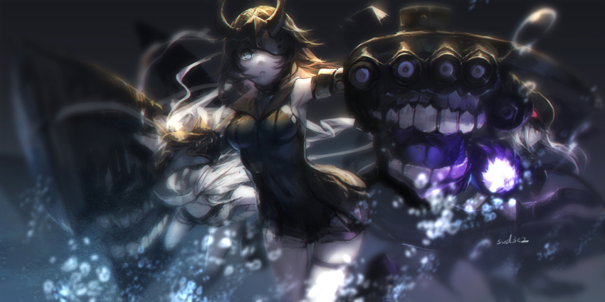 10s 3girls absurdly_long_hair abyssal_ship armpits black_dress black_hair destroyer_water_demon destroyer_water_oni detached_sleeves dress eyepatch fangs horns kantai_collection light_cruiser_princess long_hair looking_at_viewer mask unworn_mask multiple_girls outstretched_arms short_dress short_hair submarine_princess swd3e2 thigh_strap thighs very_long_hair white_hair