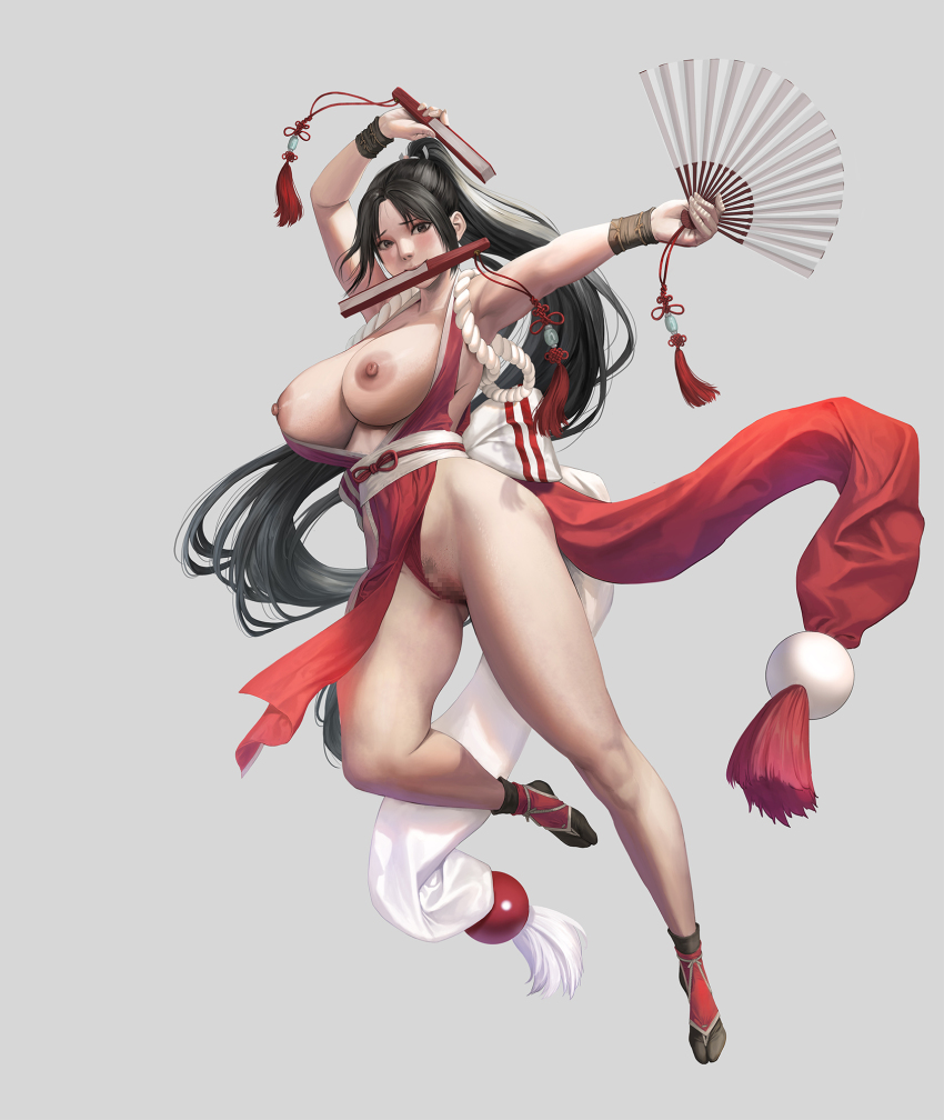 1girl armpits bare_legs bare_shoulders black_hair bow breasts brown_eyes censored clothing_aside fatal_fury female_pubic_hair folded_fan folding_fan full_body grey_background hand_fan high_ponytail highres holding holding_fan japanese_clothes jeneral jumping kimono large_breasts light_blush long_hair looking_at_viewer midair midriff_peek mosaic_censoring mouth_hold ninja nipples no_bra obi parted_bangs pelvic_curtain ponytail pubic_hair pubic_stubble pussy red_kimono revealing_clothes revision rope sash shiranui_mai sideboob simple_background sleeveless sleeveless_kimono socks solo street_fighter street_fighter_6 tabi the_king_of_fighters thighs very_long_hair waistband wristband