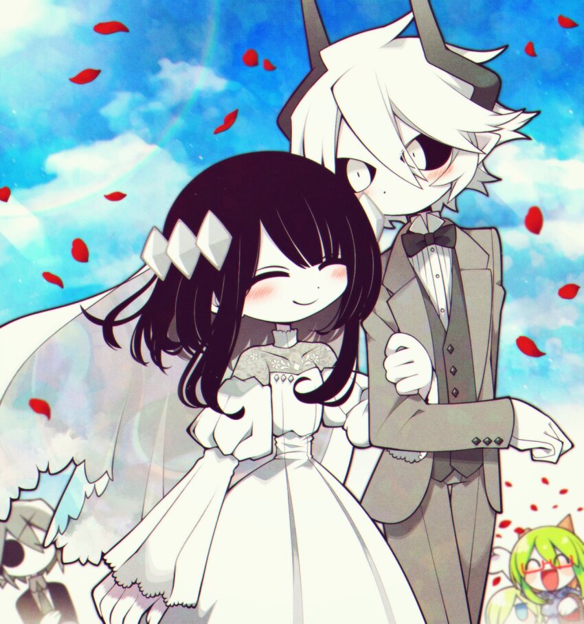 2boys 3girls black_hair black_sclera black_suit blonde_hair blue_eyes blush bow bowtie chibi closed_eyes colored_sclera colored_skin couple dress etihw_(funamusea) eyepatch falling_petals formal froze_(funamusea) funamusea funamusea_(artist) glasses green_hair grey_hair grey_suit haiiro_teien highres kcalb_(funamusea) looking_at_another multiple_boys multiple_girls necktie official_art people petals pointy_ears red-framed_eyewear red_petals suit wedding wedding_dress white_dress white_eyes white_hair white_skin wodahs_(funamusea) yosafire_(haiiro_teien)