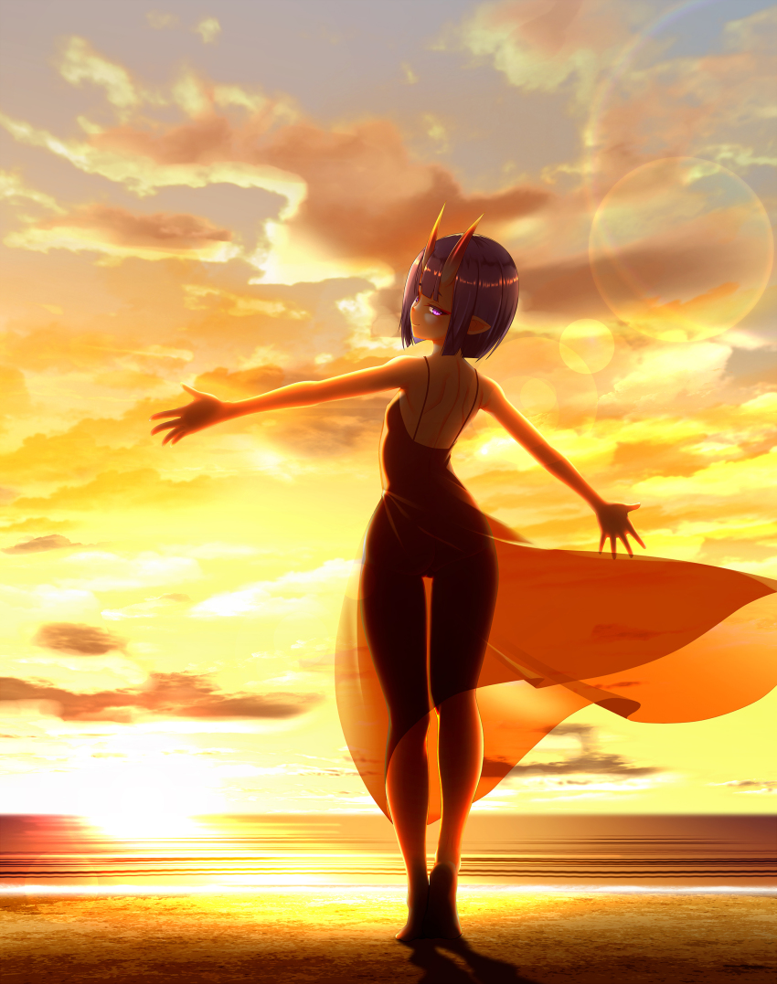 1girl absurdres ass back bare_shoulders beach bob_cut breasts closed_mouth dress eyeliner fate/grand_order fate_(series) full_body gradient_sky highres horizon horns legs lens_flare looking_at_viewer looking_back makeup no_panties ocean oni orange_sky otomix pointy_ears purple_eyes purple_hair see-through_clothes see-through_silhouette shore short_hair shuten_douji_(fate) skin-covered_horns sky small_breasts smile sunset twilight