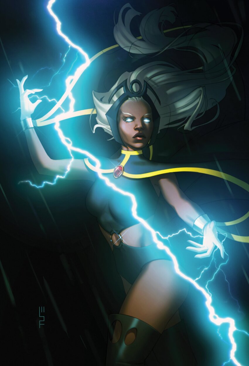 1girl black_cape blue_eyes cape clothing_request dark-skinned_female dark_skin electricity electrokinesis glowing glowing_eyes highres lightning long_hair marvel scott_forbes solid_eyes solo storm_(x-men) white_hair x-men