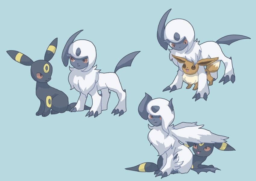 absol animal animal_focus black_eyes blue_background brown_eyes claws colored_sclera creatures_(company) eevee feathered_wings game_freak gen_1_pokemon gen_2_pokemon gen_3_pokemon ha_wa163 highres horns mega_absol mega_pokemon nintendo no_humans pokemon pokemon_(creature) red_eyes red_sclera simple_background single_horn smile umbreon white_hair wings