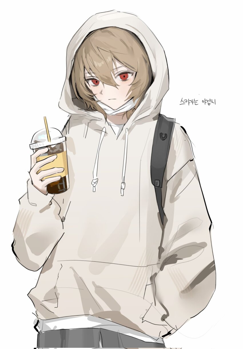 1boy akechi_gorou alternate_costume brown_hair casual cup disposable_cup drawstring drinking_straw grey_hoodie hair_between_eyes hand_in_pocket highres holding holding_cup hood hood_up hoodie korean_text long_sleeves male_focus mask mask_pull mouth_mask ocean_01 persona persona_5 red_eyes simple_background solo translation_request white_background white_mask