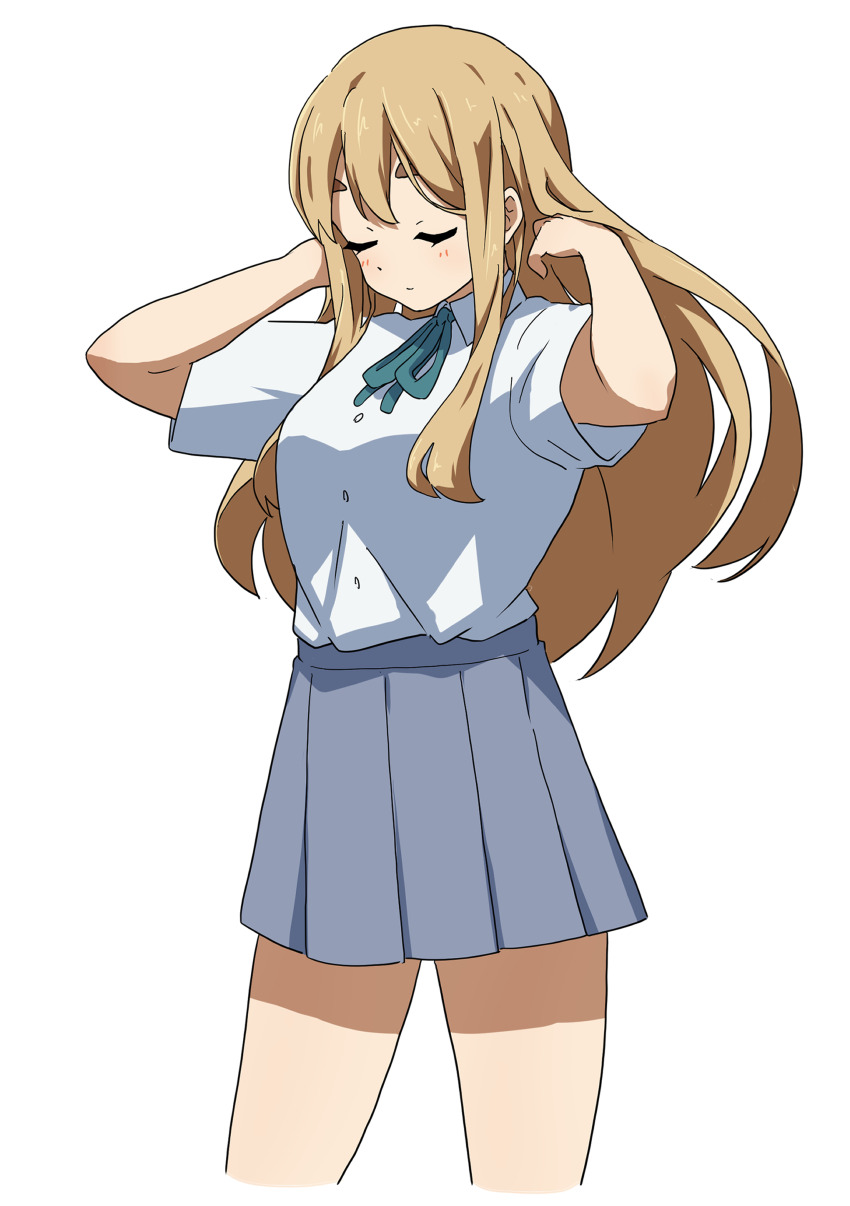 1girl absurdres adjusting_hair blonde_hair blue_ribbon buttons closed_eyes cropped_legs grey_skirt highres k-on! kicchi_(tmgk) kotobuki_tsumugi long_hair pleated_skirt ribbon sakuragaoka_high_school_uniform school_uniform shirt_tucked_in short_sleeves skirt solo summer_uniform thick_eyebrows white_background