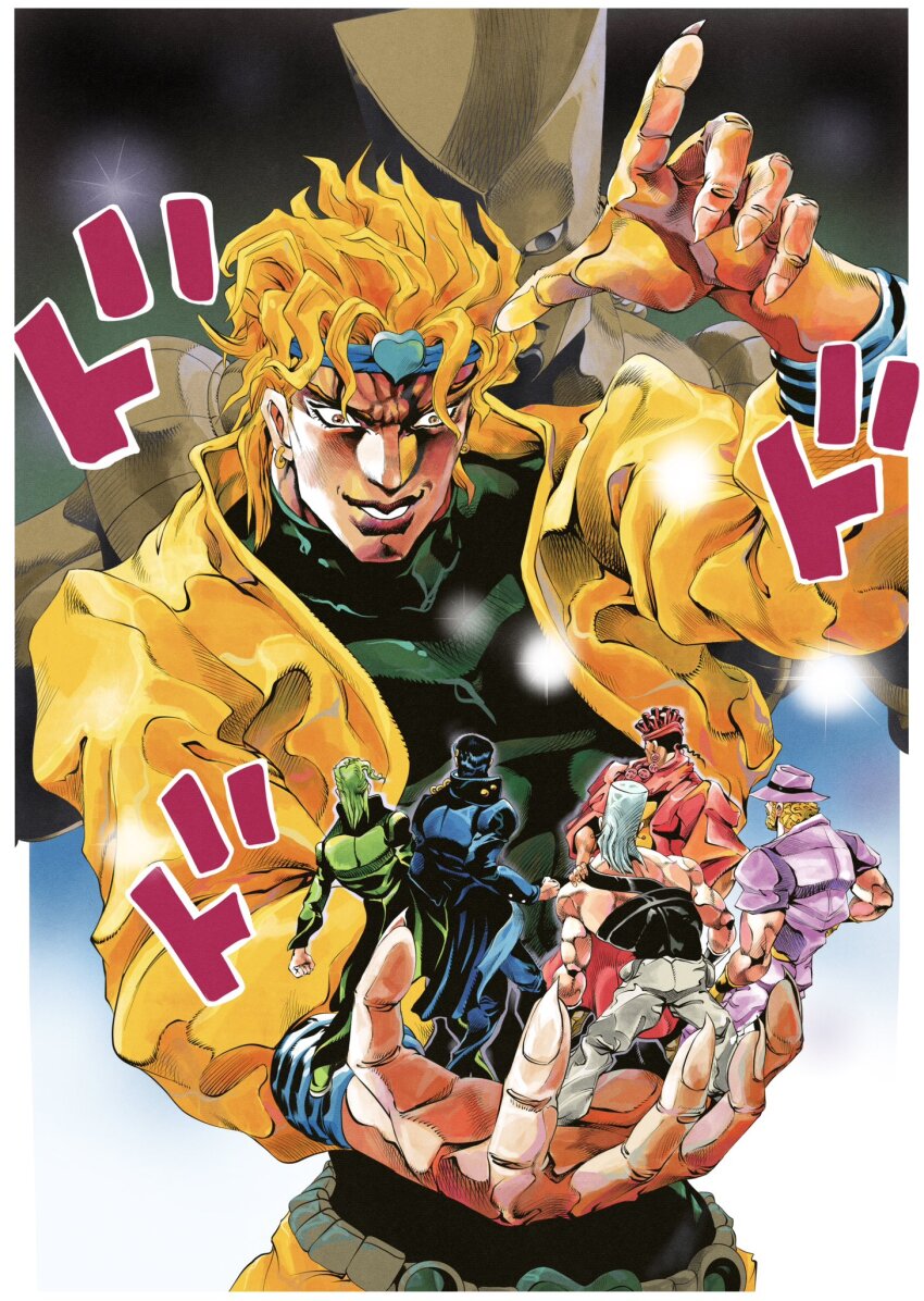 6+boys ark_nemesis black_shirt blonde_hair blue_gakuran dio_brando green_gakuran green_hair green_headband grey_pants hat headband highres in_palm jacket jean_pierre_polnareff jojo_no_kimyou_na_bouken joseph_joestar joseph_joestar_(old) kakyoin_noriaki kuujou_joutarou mohammed_avdol multiple_boys pants purple_hat purple_shirt shirt stardust_crusaders time_stop white_hair yellow_jacket za_warudo