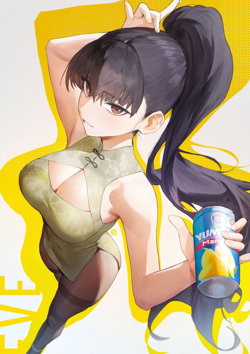 1girl absurdres bare_shoulders black_hair black_pantyhose blunt_bangs breasts brown_eyes can china_dress chinese_clothes cleavage dress drink_can eve_(stellar_blade) highres hymin large_breasts long_hair official_alternate_costume pantyhose ponytail side_slit soda soda_can stellar_blade thighband_pantyhose thighs very_long_hair