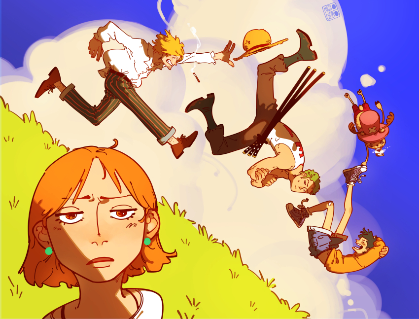 1girl 4boys absurdres arms_behind_head black_hair blonde_hair cigarette clenched_teeth cloud cloudy_sky crossed_arms earrings facial_hair falling foaming_at_the_mouth goatee grass green_hair hat highres hill jewelry mazaochizao medium_hair monkey_d._luffy multiple_boys nami_(one_piece) one_piece open_mouth orange_eyes orange_hair orange_shirt outdoors pants reindeer roronoa_zoro running sanji_(one_piece) shirt shoes short_hair shorts sky smile sneakers striped_clothes striped_pants sword tank_top teeth tony_tony_chopper unworn_hat unworn_headwear vertical-striped_clothes vertical-striped_pants weapon white_shirt white_tank_top