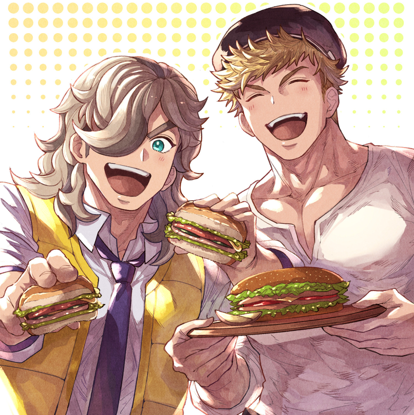 2boys arven_(pokemon) blonde_hair blue_eyes blush burger closed_eyes creatures_(company) food game_freak granblue_fantasy highres holding holding_food holding_plate large_pectorals male_focus multiple_boys muscular muscular_male necktie nintendo open_clothes open_mouth open_vest pectorals plate pokemon pokemon_sv shirt short_hair smile vane_(granblue_fantasy) vest white_shirt yellow_vest zanki