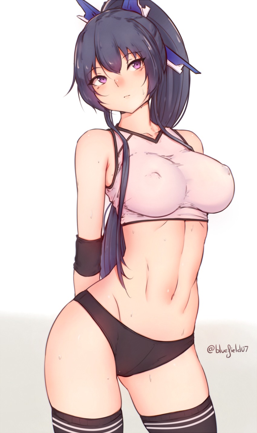 1girl arms_behind_back bare_shoulders black_hair black_thighhighs bluefield blush breasts collarbone covered_erect_nipples female_focus gluteal_fold hair_ornament highres honda_futayo kyoukaisenjou_no_horizon large_breasts long_hair midriff navel ponytail purple_eyes shirt sleeveless sleeveless_shirt solo standing sweat thighhighs twitter_username