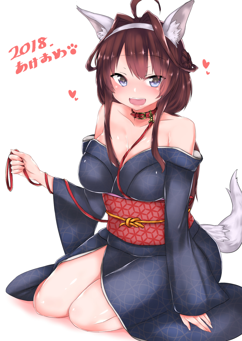 1girl 2018 ahoge animal_ears arm_support bare_shoulders blue_eyes breasts brown_hair buckle choker cleavage collar double_bun eyes_visible_through_hair fangs female_focus fox_ears fox_tail hair_bun hair_intakes hair_ornament hairband harada_(da1f20) heart highres holding holding_leash japanese_clothes kantai_collection kemonomimi_mode kimono kongou_(kancolle) kongou_kai_ni_(kancolle) large_breasts leash long_hair looking_at_viewer obi off_shoulder open_mouth ribbon sash seiza sidelocks simple_background sitting smile solo tail thighs white_background wide_sleeves