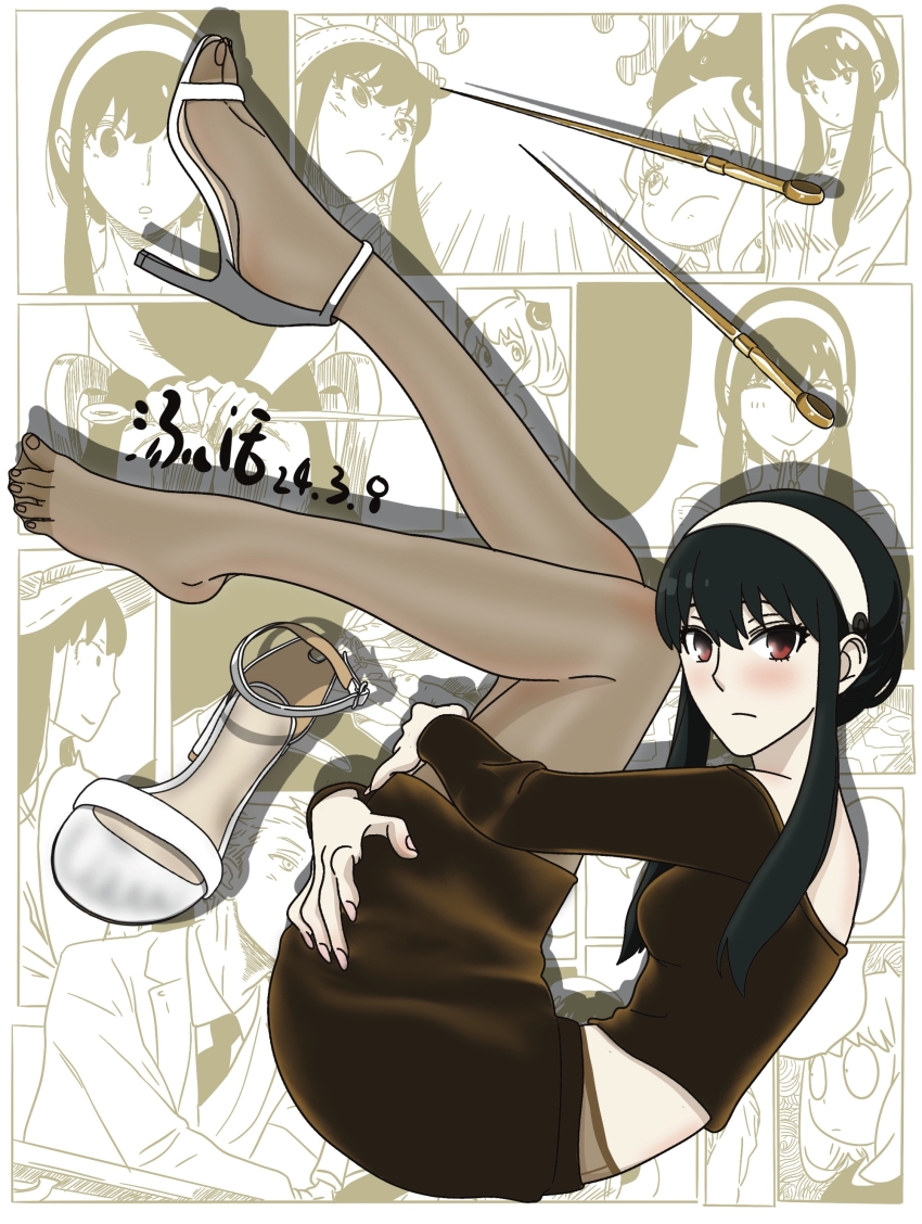 1girl absurdres black_hair brown_pantyhose feet hairband high_heel_sandals high_heels highres light_blush long_hair looking_at_viewer pantyhose red_eyes sandals shoes single_shoe spy_x_family tangerhua toes unworn_shoe unworn_shoes yor_briar