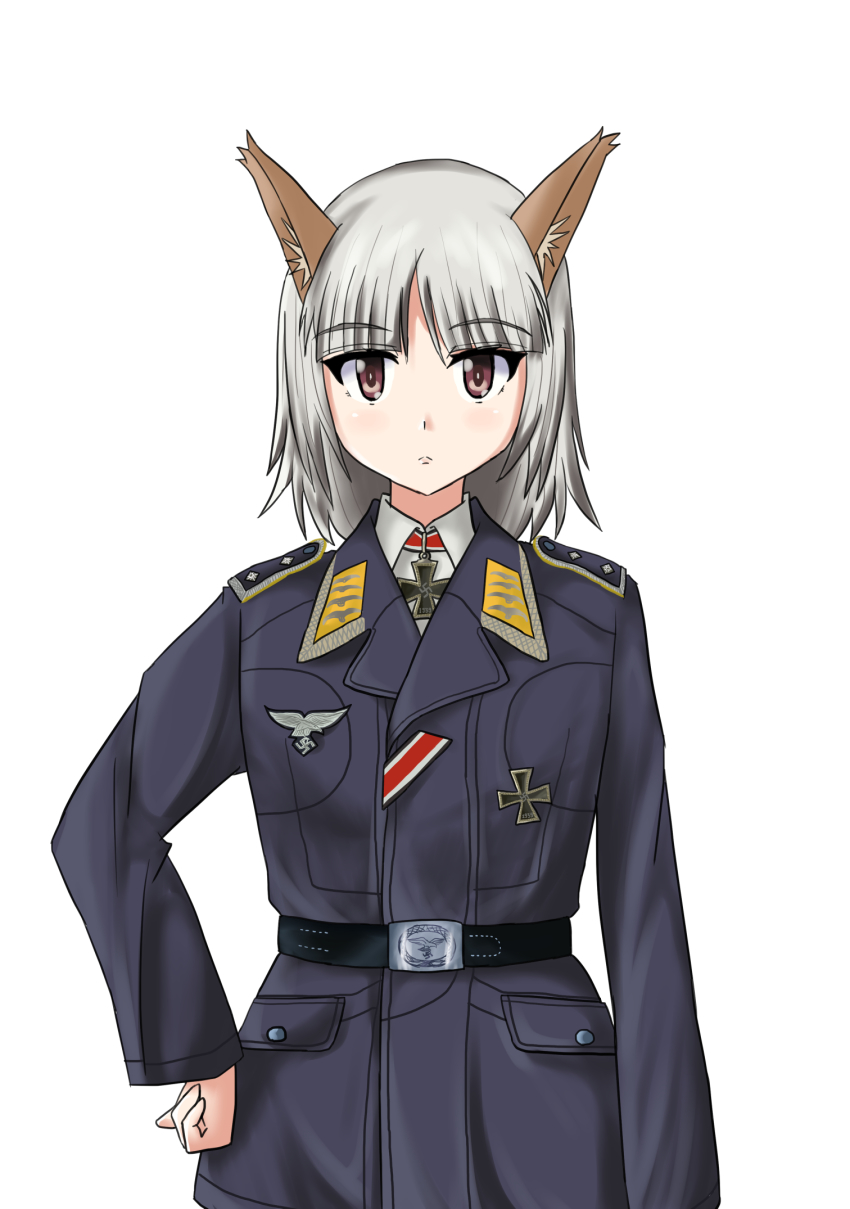 1girl animal_ears belt brave_witches cross edytha_rossmann fox_ears highres insignia iron_cross luftwaffe medal military military_uniform red_eyes simple_background swastika user_wheh8572 white_background white_hair world_witches_series