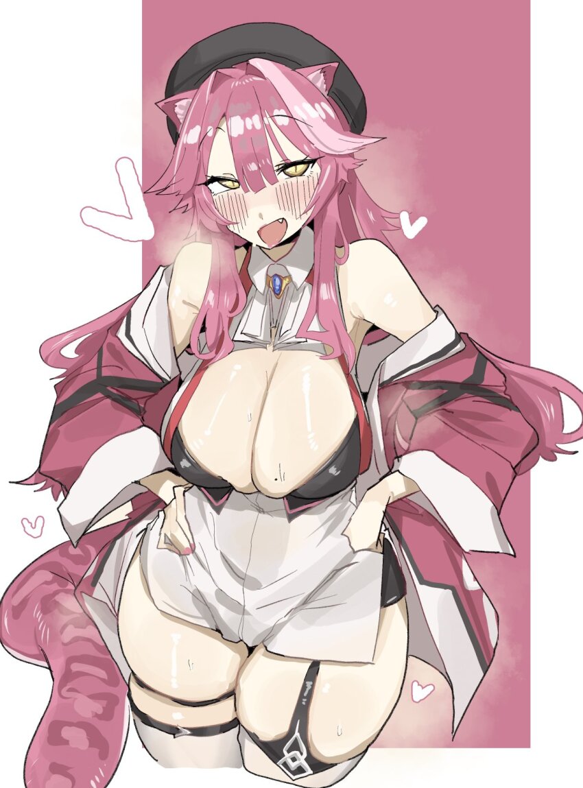 1girl animal_ear_fluff animal_ears bare_shoulders blush breasts cleavage collared_shirt commentary fang hand_on_own_hip highres hololive hololive_english large_breasts leebo_(leeboxxx) long_hair long_sleeves looking_at_viewer naughty_face open_mouth pink_hair raora_panthera shirt simple_background smile standing sweat symbol-only_commentary tail thick_thighs thigh_strap thighhighs thighs tiger_ears tiger_tail virtual_youtuber wide_hips yellow_eyes