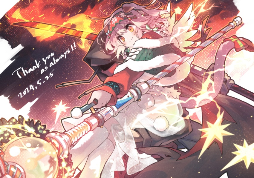 1boy 1girl aiming aiming_at_viewer animal_ears arknights black_background black_jacket black_pants capelet carrying cat_ears cat_girl cat_tail commentary dated fire fur-trimmed_capelet fur_trim goldenglow_(arknights) goldenglow_(maiden_for_the_bright_night)_(arknights) gradient_background green_capelet hair_ribbon hairband highres holding holding_staff hood hood_up hooded_jacket infection_monitor_(arknights) jacket kneeling long_sleeves mask morini_ochiteru official_alternate_costume pants pink_hair princess_carry red_(npc)_(arknights) red_shirt ribbon shirt short_hair smile staff symbol-only_commentary tail thank_you white_background