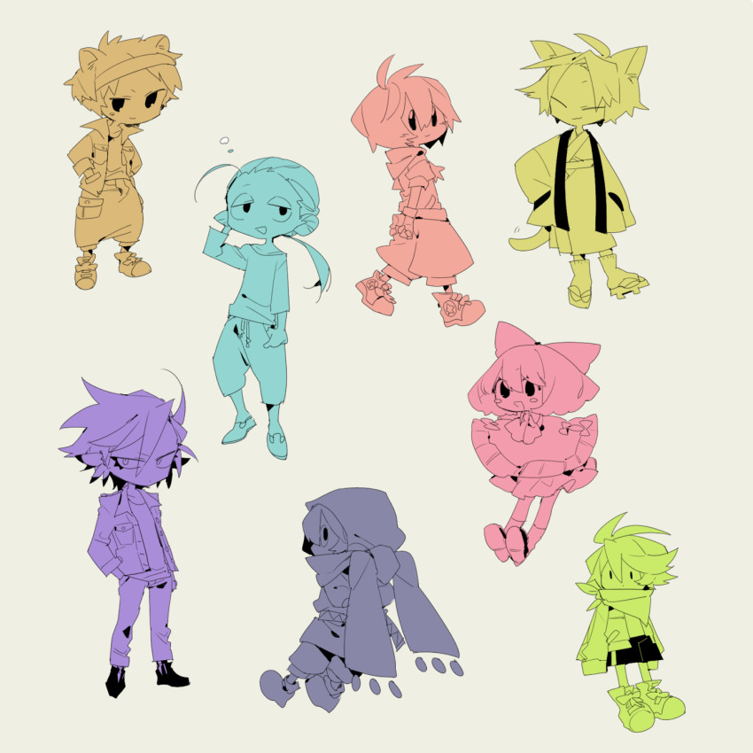 1girl 6+boys :o ^_^ animal_ears ankle_socks antenna_hair aqua_theme arms_behind_back asymmetrical_hair baggy_pants blue_theme blush_stickers boots bow buttons cargo_shorts cat_ears cat_tail chuchu_(kirby) closed_eyes closed_mouth collared_shirt commentary_request coo_(kirby) eyelashes fins floating_clothes frills fringe_trim from_behind full_body geta gooey_(kirby) green_theme grey_background hair_between_eyes hair_bow hakama hakama_skirt hamster_ears hand_in_pocket hand_on_own_head haori head_fins headband higa423 highres hood hood_down hooded_jacket jacket japanese_clothes kimono kine_(kirby) kirby kirby&#039;s_dream_land_3 kirby_(series) looking_at_viewer looking_back low_ponytail miniskirt motion_lines multiple_boys multiple_monochrome nago_(kirby) nintendo open_clothes open_jacket open_mouth open_shirt orange_theme pants parted_lips personification pink_theme pitch_(kirby) poncho puffy_short_sleeves puffy_sleeves purple_theme rick_(kirby) scarf shirt shoes short_hair short_kimono short_sleeves shorts simple_background skirt smile sneakers socks solid_oval_eyes squeans sweatpants tabi tail tank_top yellow_theme