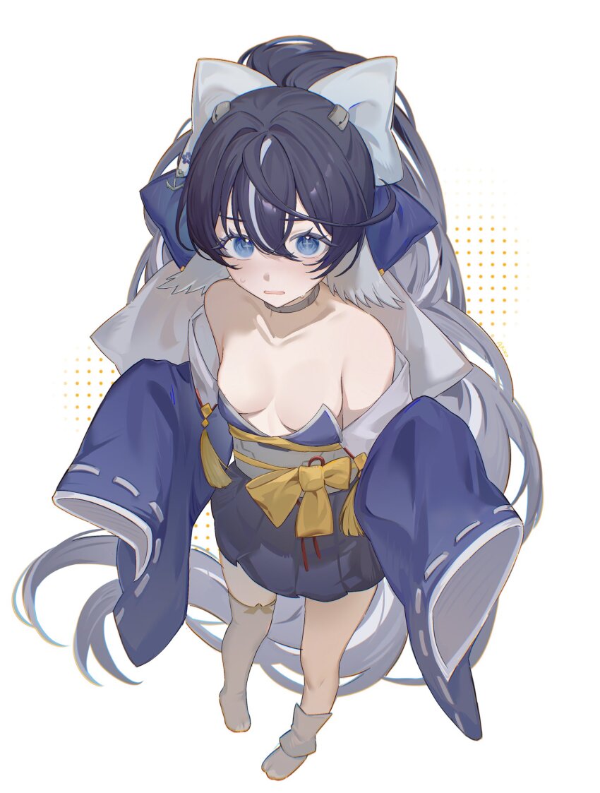 +_+ 1girl ahoge ariko_(aaaaarik) azur_lane bare_shoulders black_hair blue_kimono bow breasts collarbone detached_sleeves full_body grey_choker hair_bow highres japanese_clothes kimono long_hair long_sleeves looking_at_viewer multicolored_hair no_shoes ponytail revealing_clothes single_thighhigh sleeves_past_fingers sleeves_past_wrists small_breasts solo streaked_hair thighhighs undersized_breast_cup very_long_hair white_bow yoizuki_(azur_lane)