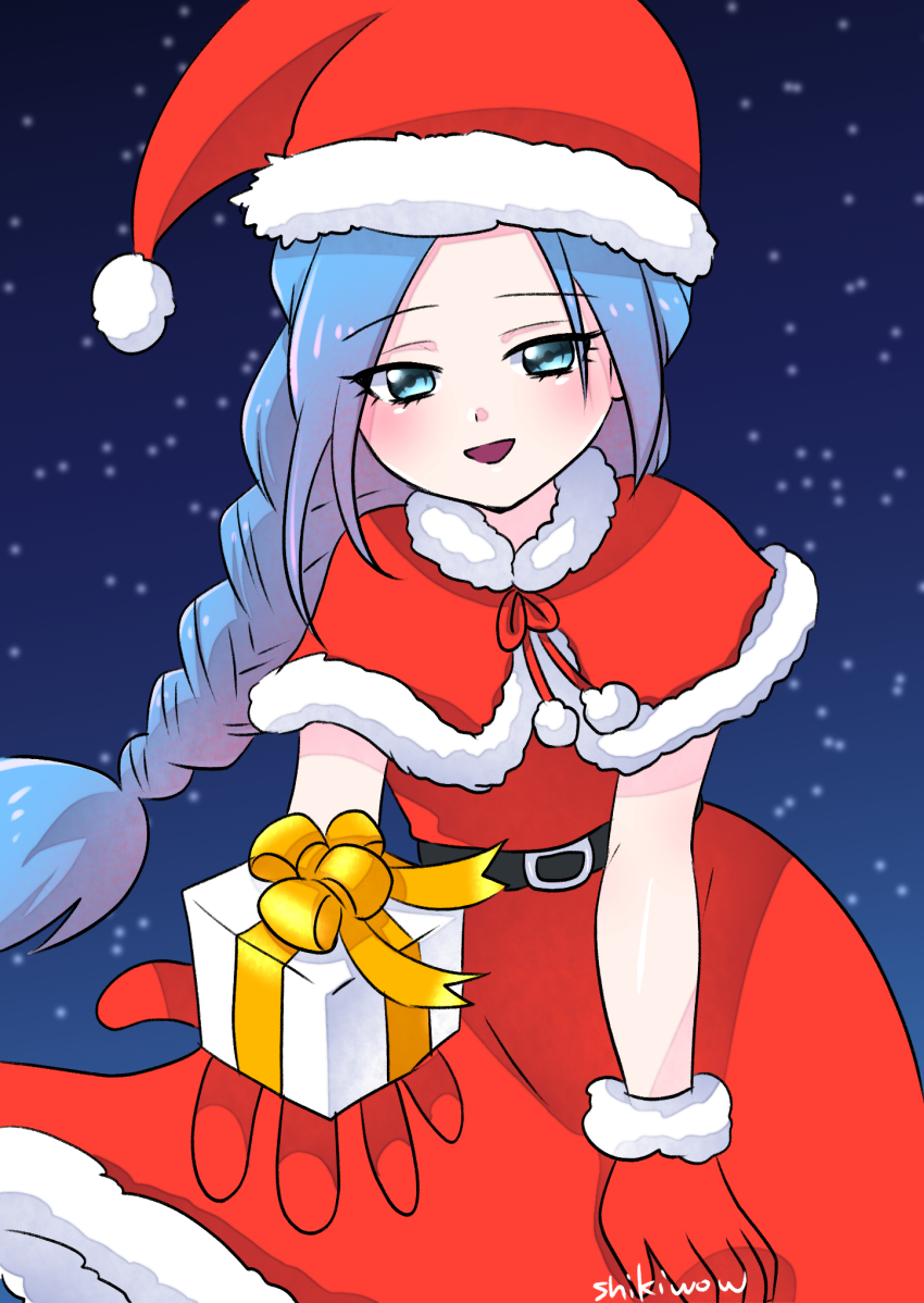 1girl blue_hair capelet christmas chrono_trigger dress fur-trimmed_headwear fur_trim gloves hat highres long_hair looking_at_viewer open_mouth ponytail red_capelet red_gloves santa_dress santa_hat schala_zeal shikiwo smile snowing solo