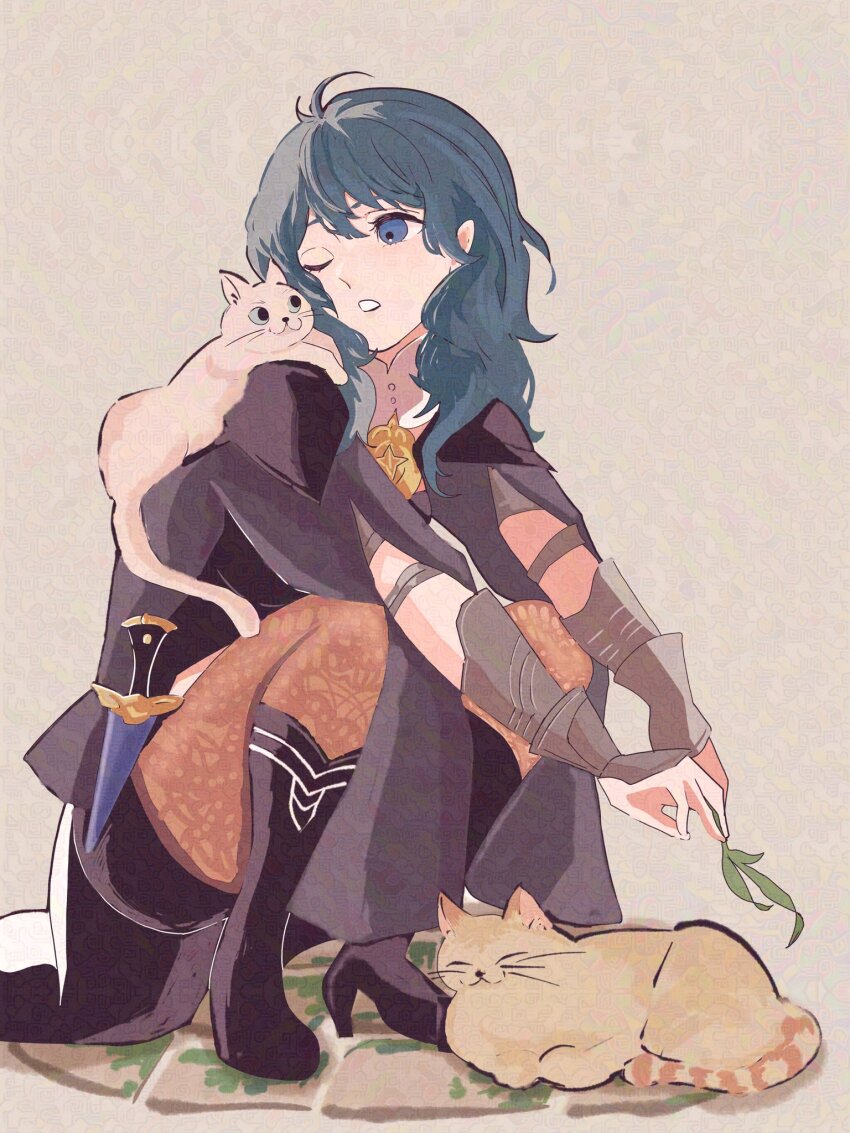 1girl animal animal_on_shoulder black_footwear blue_eyes boots breasts byleth_(female)_(fire_emblem) byleth_(fire_emblem) cat cat_on_shoulder chimney_(chimney0311) closed_eyes commentary fire_emblem fire_emblem:_three_houses gauntlets green_hair grey_background highres long_hair medium_breasts nintendo one_eye_closed simple_background squatting symbol-only_commentary whiskers