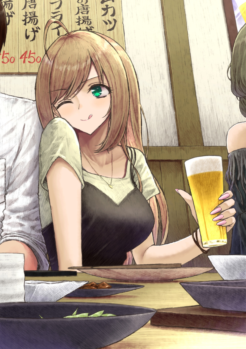 1boy 2girls ;q absurdres ahoge alcohol aramachi beer beer_mug black_dress breasts brown_hair collarbone comiket_104 commentary_request cup dress edamame fingernails green_eyes highres holding holding_cup idolmaster idolmaster_cinderella_girls jewelry large_breasts long_hair looking_at_another menu mug multiple_girls nail_polish necklace one_eye_closed out_of_frame producer_(idolmaster) restaurant revision sato_shin short_hair smile solo_focus takagaki_kaede tongue tongue_out very_long_hair