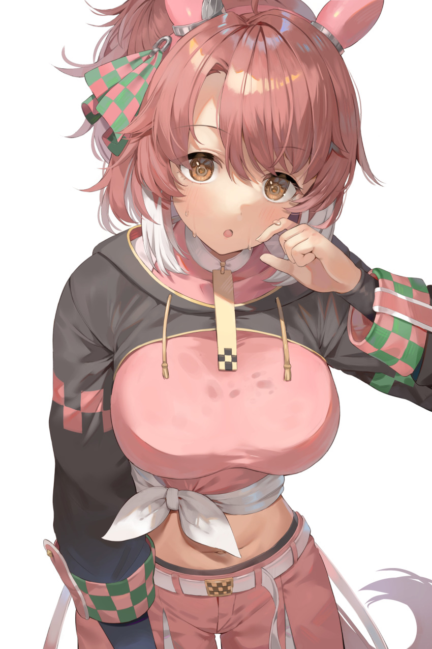 1girl ahoge animal_ears belt blush breasts brown_eyes brown_hair cowboy_shot dantsu_flame_(umamusume) highres horse_ears horse_girl horse_tail large_breasts long_hair long_sleeves looking_at_viewer navel open_mouth pants pink_pants ponytail rangen simple_background solo sweat tail umamusume white_background white_belt