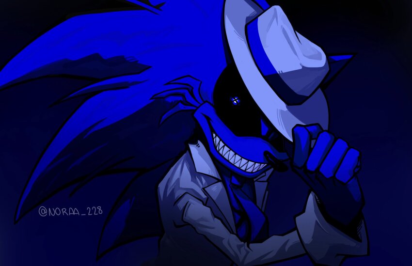 artist_name black_sclera colored_sclera formal_clothes hat looking_at_viewer lord_x_(sonic.exe) sharp_teeth smile sonic.exe sonic_(series) sonic_the_hedgehog suit teeth