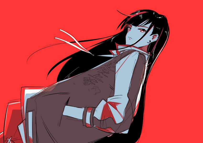 1girl absurdres black_hair closed_mouth commentary_request dutch_angle earrings expressionless from_side hand_in_pocket highres inago_akira jacket jewelry long_hair long_sleeves looking_at_viewer red_background red_eyes red_jacket red_theme simple_background solo standing toji_no_miko yamamoto_kichiko