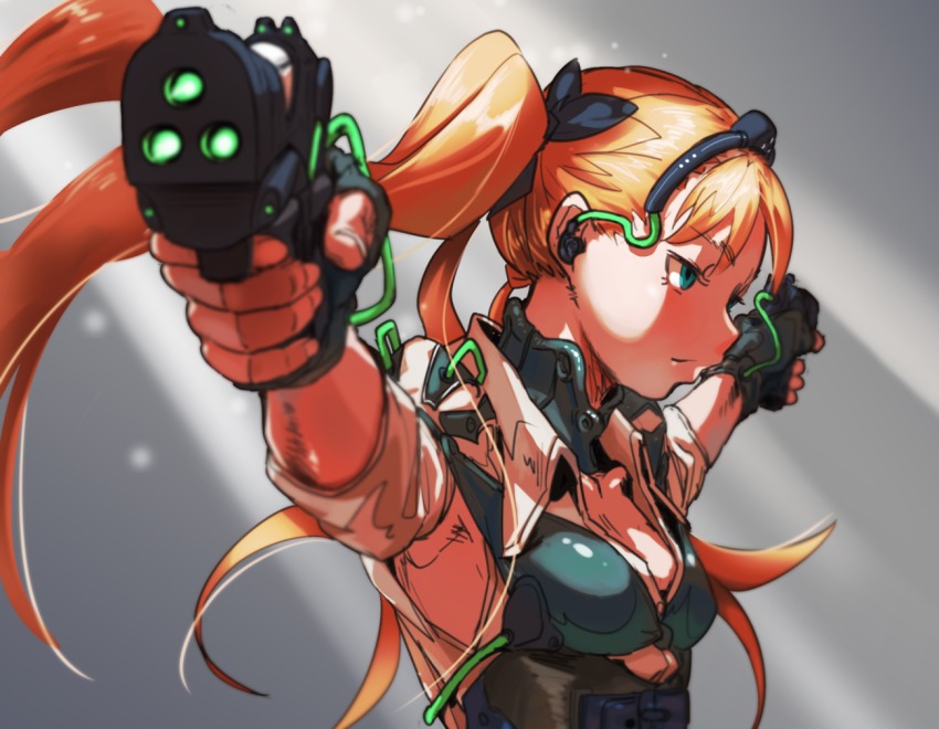 1girl black_gloves black_ribbon blonde_hair blue_eyes blurry closed_mouth depth_of_field dual_wielding female_focus fingerless_gloves gloves gun haikeb89 hair_ribbon holding holding_gun holding_weapon long_hair original outstretched_arms profile ribbon solo spread_arms twintails weapon